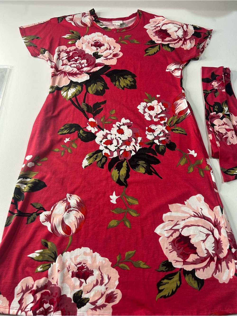 LuLaRoe Red Floral Midi Dress with Pink & Green Accents